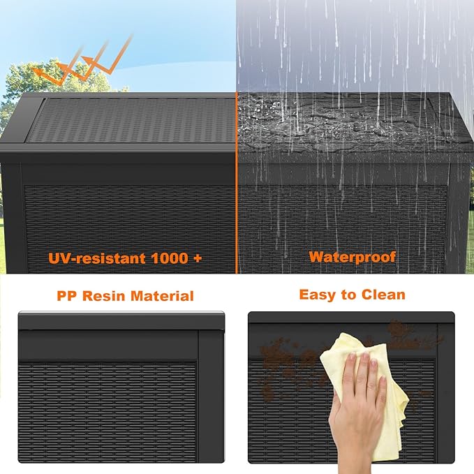 Vixzen 320 Gallon Deck Boxes Outdoor Waterproof, Large Resin Lockable Storage Box with lid for Patio Furniture Cushions, Weatherproof Outdoor Storage Boxes for Garden Tools & Pool Accessories(Black)