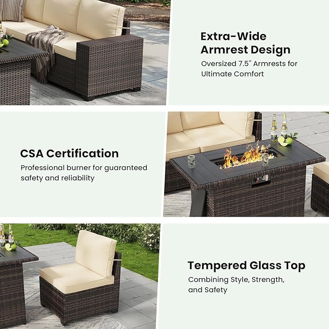 Soohow 7-Piece Patio Furniture Set with 44" Fire Pit Table, Outdoor Sectional Wicker Rattan Conversation Set for Garden, Porch, Backyard - Beige Cushions