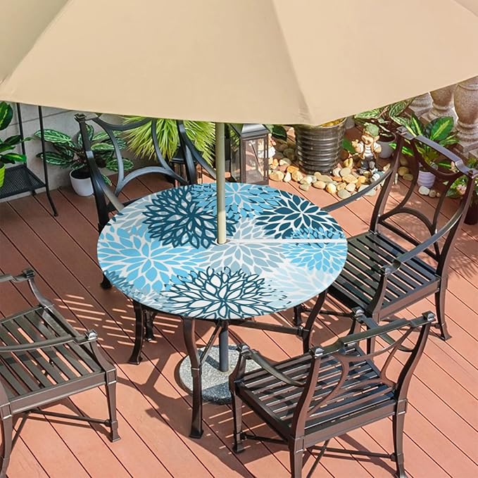 Round Tablecloth with Umbrella Hole and Zipper Elastic Fitted Table Cloth 45"-56" Oil-Proof Waterproof Patio Table Cover for Outdoor Dining Picnic Party, Spring Summer Blue Floral
