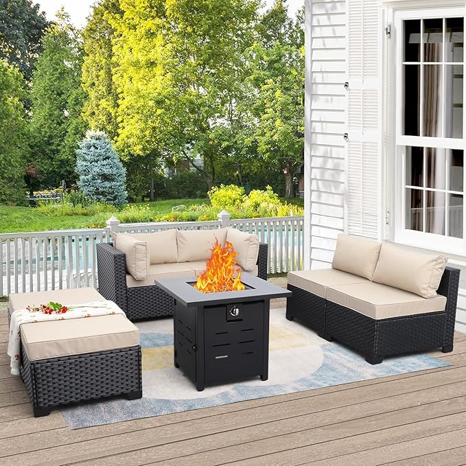 7 Pieces Outdoor PE Wicker Furniture Set Patio Rattan Sectional Conversation Sofa Set with Khaki Cushions and Fire Pit Table