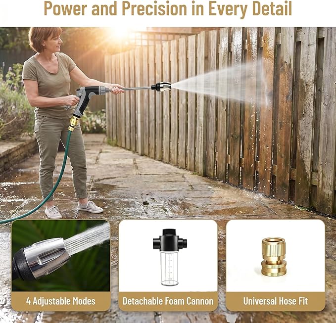 Pressure Washer with Stainless Steel Long Handle, 3 Adjustable Spray Modes, Suitable for Car Washing, Garden Watering, Window Cleaning