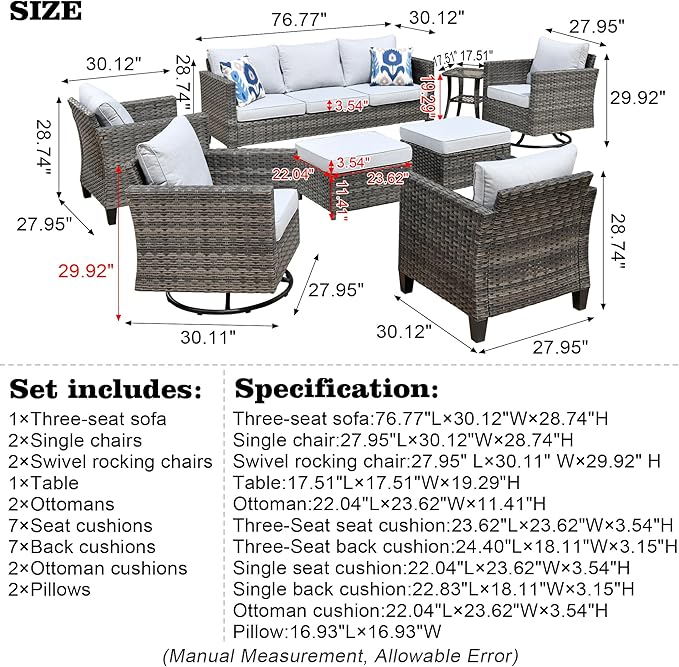 HOOOWOOO Wicker Patio Conversation Sets,8 Piece Outdoor Furniture Set with Swivel Rocking Chairs,All Weather Resistant Modern Outside Out Door Rattan Couch Chairs Side Table Set,Light Gray