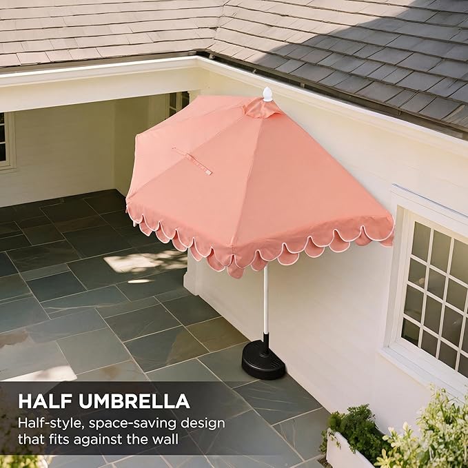 JONATHAN Y Terrace Scalloped 9 ft. Half Round Patio Umbrella with Crank Lift and Tilt, Coastal Semicircle Market Wall Umbrella for Balcony, Coral Pink/White, White Pole UMB1202H
