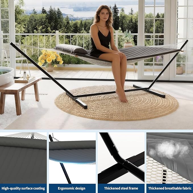 Double Hammock with Stand Curved-Bar Hammock, 450LBS Capacity, 2 Person Large Hammock, Indoor and Outdoor Hammock, Perfect for Backyard Patio Beach