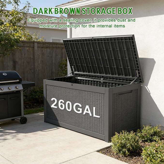 260 Gallon Outdoor Deck Boxes, IP68 Waterproof Outdoor Storage Box with Hydraulic Lid Support, Outside Resin Container for Furniture, Toy, Shoe, Garden & Patio Tools Storage -Black