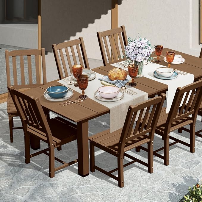 LOUNZY 9 Pieces Patio Dining Sets, Outdoor HDPE Furniture Set for 8 w/ 2" Hole Cut-Out Dining Table with 8 Armless Patio Chairs for Pool, Lawn and Garden,Brown