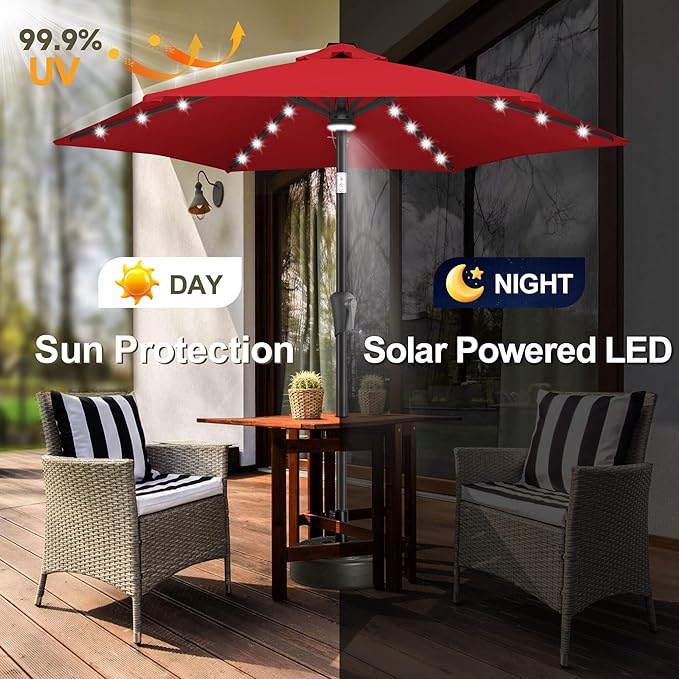 FLAME&SHADE 7.5 FT Solar Light Patio Umbrella, 24 LED Lights Outdoor Umbrella with Centre Surround Light, Table Umbrella Outdoor Patio for Deck, Pool, Backyard, Garden, UV Protection (Red)