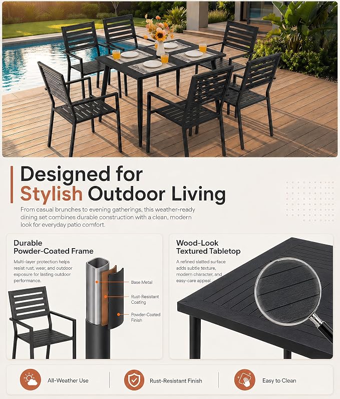 7 Piece Outdoor Dining Set All Weather Patio Dining Set with HDPE Wood-Like Tabletop, Rustproof Metal Outdoor Table and Chairs with 6 Stackable Chairs for Garden Backyard, Black
