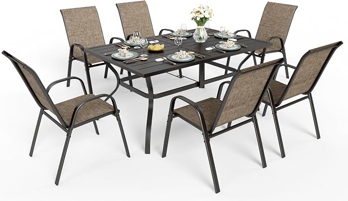 PHI VILLA 7 Piece Patio Table and Chairs Set for 6 Person, Metal Slat Rectangle Table and Stackable Patio Chairs with Textilene Mesh Fabric, All Weather Patio Furniture Set for Deck Lawn Garden