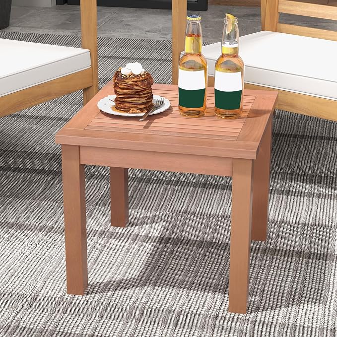 HAPPYGRILL Outdoor Side Table Set, Eucalyptus Wood Square End Table, Wood Patio Table with Slatted Tabletop for Backyard Poolside Porch
