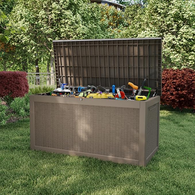 Pepe Tee Waterproof Resin Deck Box, Outdoor Storage Bin for Patio Furniture Cushions, All-Weather Garden Organizer & Seating Bench, Coffee