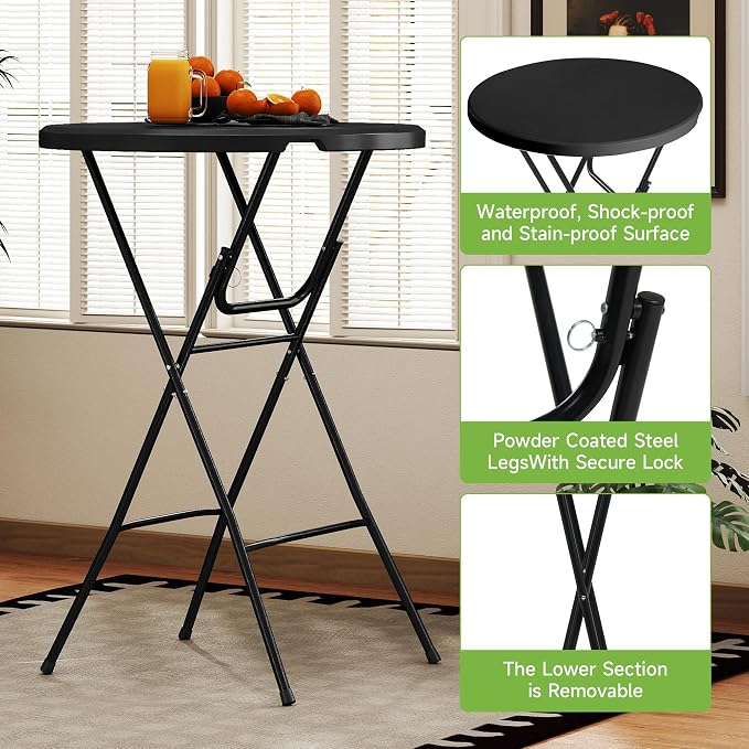 Real Relax 32 in Plastic Folding Round Table Bar Height, HDPE Matrial and 350LB Weight Capacity,High Top Table for Outdoor Party, Cafes,Backyard,Dining Room,Wedding Event,1 Pack, Black