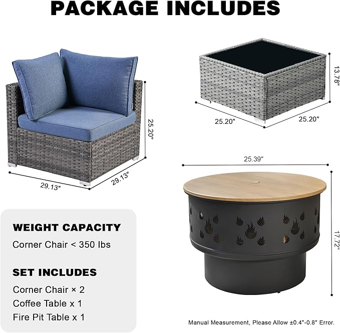 HOOOWOOO 4-Piece Outdoor Wicker Patio Furniture Set, Modular Sectional Sofa with Cushions, Side Table, and Fire Pit Table, All-Weather Rattan Garden Seating for Patio, Porch, or Balcony (Denim Blue)