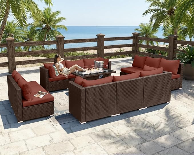 BULEXYARD 13 Piece High Back Wicker Patio Furniture Sets with Fire Pit, Elegant XL Oversized Outdoor Seating Set Modular, Comfy Extra Deep Wide 12-Person Sectional Couch Sofa for Backyard, Brown & Red