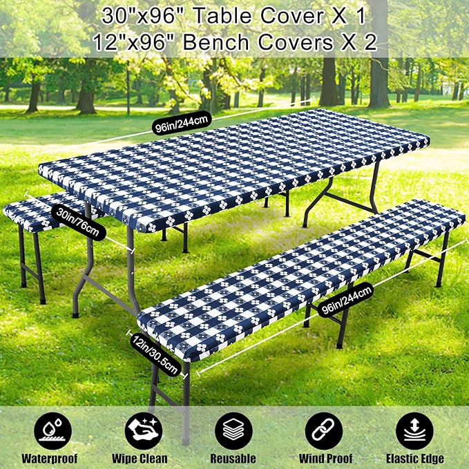 Smiry Picnic Table Cover with Bench Covers, Waterproof Elastic Fitted Tablecloth for 5 Foot Tables, Washable Polyester Tablecloths for Camping & Indoor (Dark Blue & White, 30x96 Inch 3-pc Set)
