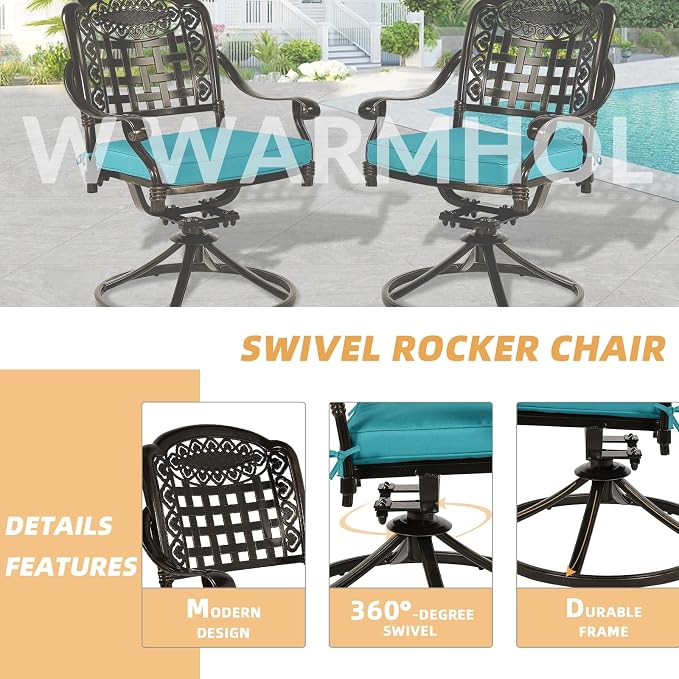 9-Piece Patio Dining Set, Outdoor Patio Table and Chair Set of 84” Oval Cast Aluminum Dining Table with Umbrella Hole, 8 Patio Dining Swivel Chairs Padded, Patio Funiture Set, Blue