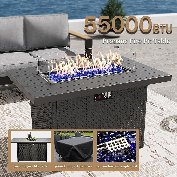 Aluminum Outdoor Patio Furniture Sets, 5 Piece Metal Patio Conversation Sets with Fire Pit with 5 Inch Cushion for Garden Backyard Deck