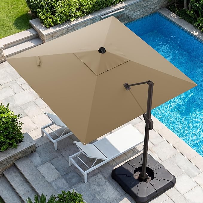 GENTEACO 10X10 FT Cantilever Umbrella, Large Offset Patio Umbrella with 6 Angle Tilts & 360° Rotation, Large Square Sun Umbrellas for Outdoor Patio Pool Deck Market, Tan