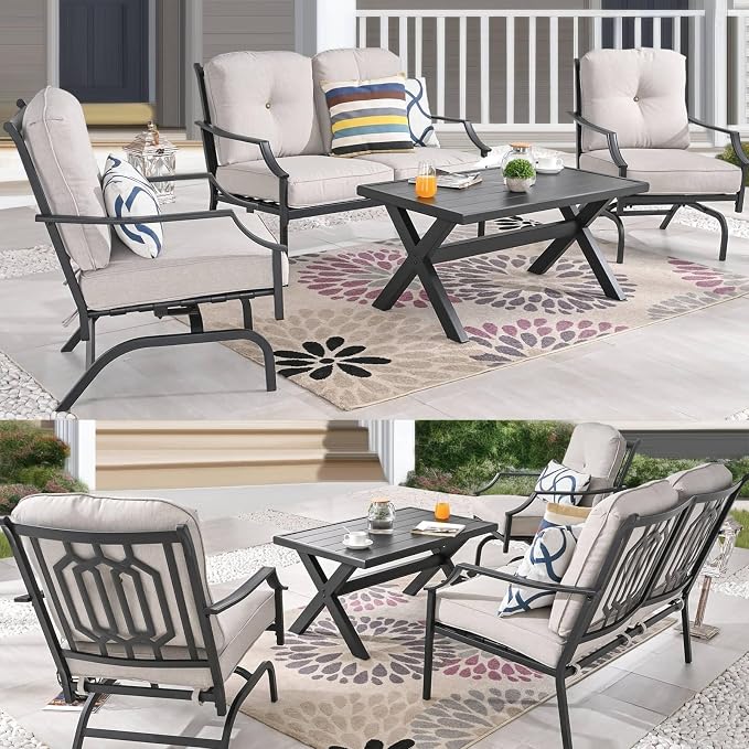 Patio Conversation Set 4 Pieces Metal Outdoor Furniture Sets Outside Loveseat with Rocking Chairs Coffee Table Thick Cushions (Beige)