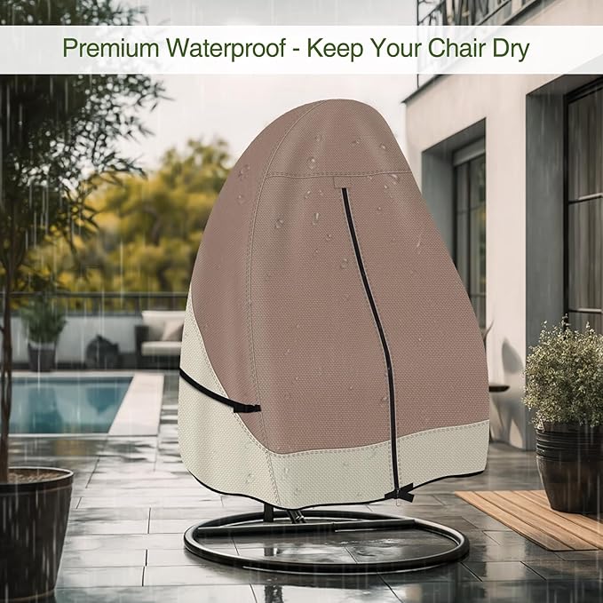 Porch Shield Patio Hanging Egg Chair Cover - 600D Waterproof Outdoor Single Seat Wicker Swing Egg Chair with Stand Protector, Light Tan & Khaki