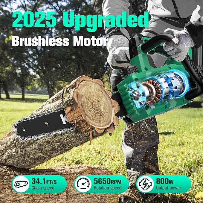 KIMO Mini Electric Chainsaw Cordless w/2 x 4.0Ah Battery & Fast Charger, 34 FT/S Powerful Cutting, Auto Oiler, Security Lock, Battery Operated Chainsaw for Wood Cutting Tree Trimming