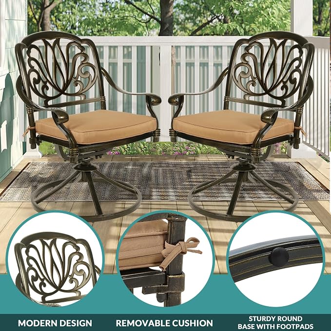 MEETWARM 9-Piece Outdoor Patio Dining Set for 8, All Weather Cast Aluminum Patio Funiture Table and Chairs Set- 94.5” Rectangular Table and 8 Cushioned Swivel Rocker Chairs, 2" Umbrella Hole, Khaki
