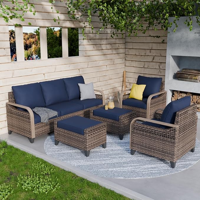 COOS BAY Modern Wicker Outdoor Furniture Set, 5 Piece Patio Conversation Set with 2 Patio Chairs, a 3 Seat Couch and 2 Ottomans, 5 Piece, Brown/Blue