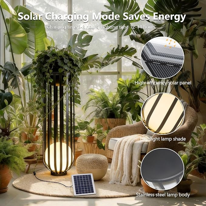Outdoor Solar Plant Stand Table,Built-in LED Glowing Sphere, Remote Control & Detachable Solar Panel, Rustproof Weatherproof Metal Furniture for Garden Landscape