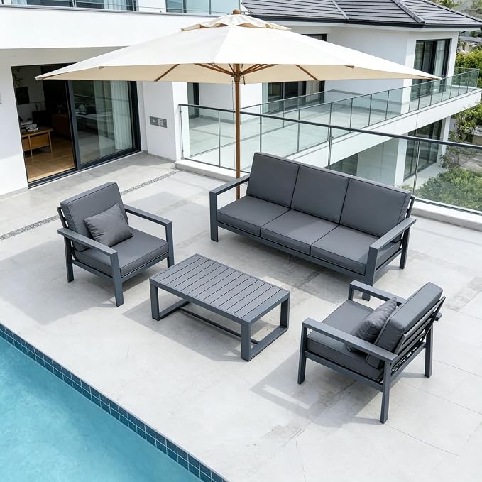 Modern All Weather Aluminum Patio Conversation Set,4 Pieces Oversized Metal Sectional Sofa Couch with Cushions and Coffee Table,Outdoor Furniture for Backyard,Porch,Garden, Balcony,Deck Grey