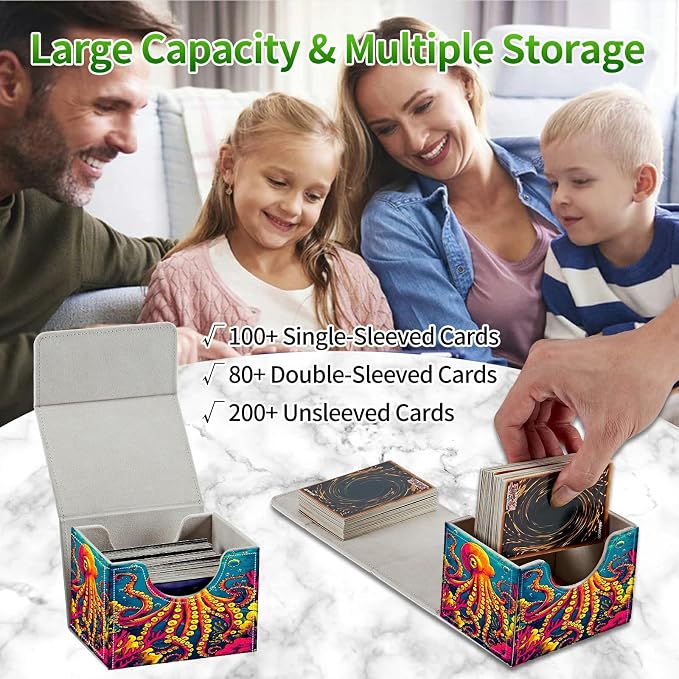 Card Deck Box for MTG, Cards Storage Box Fits 120+ Sleeved, Leather Small Size Strong Magnetic Closing Card Case for Board Games Magic TCG CCG Baseball Collection, Octopus Ocean Bottom
