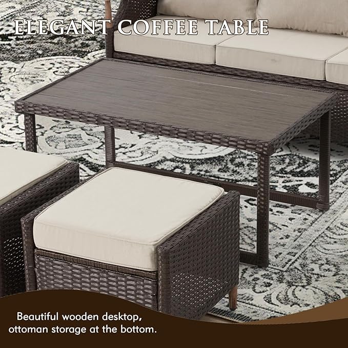 MELLCOM 7 Piece Patio Furniture Set Wicker Patio Conversation Set Rocking Bistro Set with 3 Seater Sofa, Coffee Table, Tempered Glass Side Table and 2 Ottoman, for Backyard Garden Patio(Beige, 7pcs)