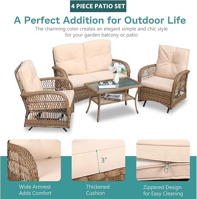 MEETWARM 4 Pieces Outdoor Wicker Patio Conversation Sets with Glider Loveseat, 2 Chairs with Glass-Top Coffee Table Wicker Rocking Glider Set, Wicker Conversation Set with Thickened Cushions