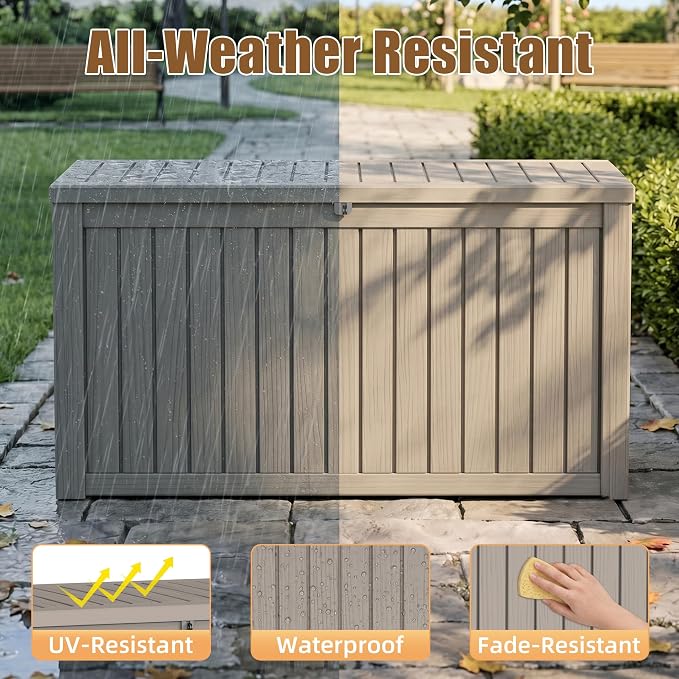 280 Gallon Outdoor Storage Box, Extra Large Resin Deck Box, Waterproof Lockable Storage Container, XXL Storage Bins with Lids for Patio furniture, Garden Tools, Grey