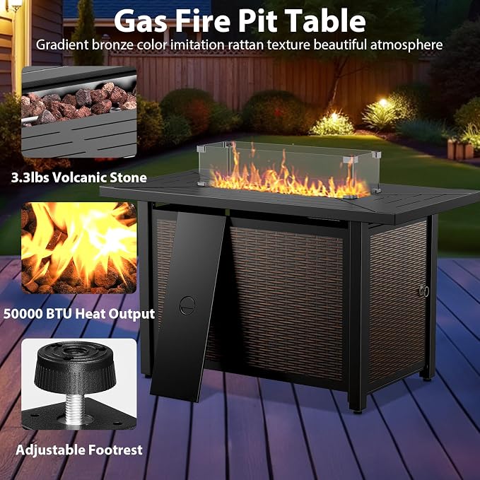 5 Piece Patio Furniture Set with Fire Pit Table - Wicker Patio Conversation Set with Swivel Glider, 3-Seat Sofa, Tempered Glass Side Table for Deck Backyard - Brown Wicker Grey Cushion