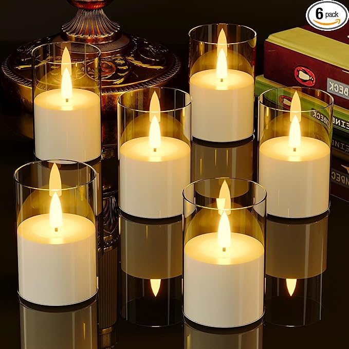 VIODAIM 6Pack Flickering Flameless LED Candles with Timer, Battery Powered - Small Pillar & Votive, Clear (2"X3")
