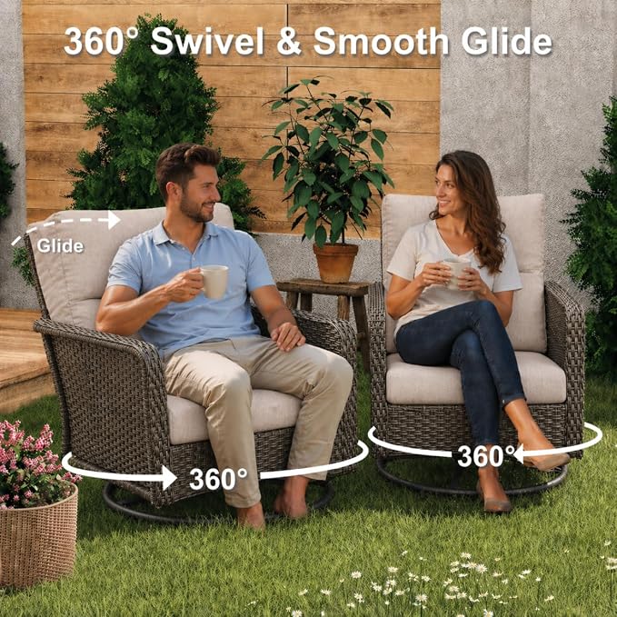 XIAO WEI 6-Piece Outdoor Furniture Set with Fire Pit Table, Wicker Patio Conversation Set with Cushions & Swivel Glide Chairs, All-Weather Patio Furniture Set for Backyard, Garden, Deck (Beige)
