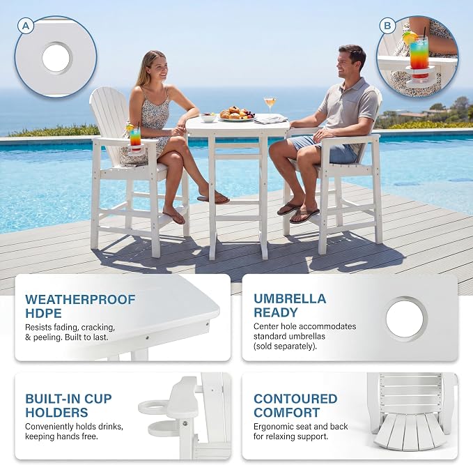 3-Piece HDPE Bar Height Table and Chairs Set, 42.1" Square High Top Pub Table with Umbrella Hole, 2 Adirondack Charis with Cup Holders, Outdoor Patio Dining Set for Bistro Backyard Deck White