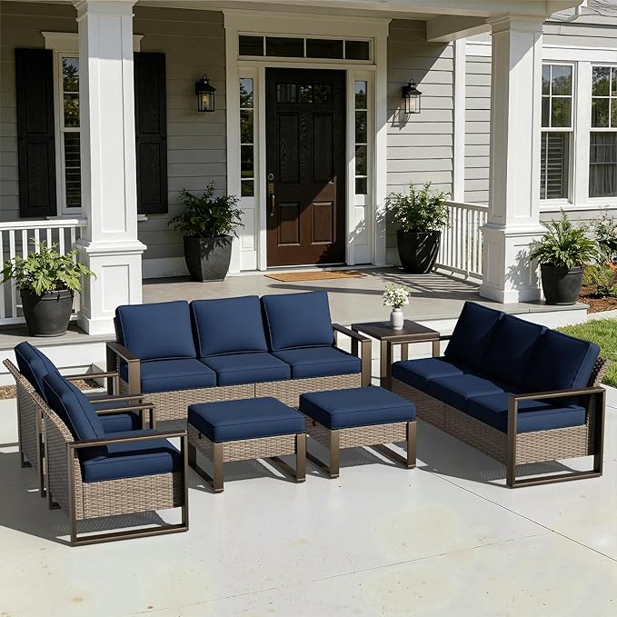 Joyside Outdoor Patio Chairs, 7 Pieces Wicker Rattan Furniture Set, 2 Patio Chairs, 2 Sofa, 2 Ottoman and 1 Table, Metal Wide Armrest, Thick Cushions and Deep Seating for Garden, Backyard, Porch