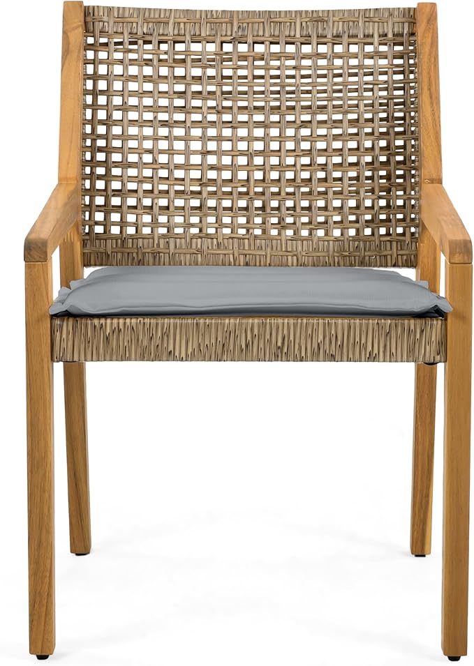 Christopher Knight Home Verle Wooden Patio Dining Set for 4, Acacia Wood Outdoor Dining Table Set for 4, 5 Piece Outdoor Dining Set with Round Table and Armchair with Seat Cushion, Teak+Grey