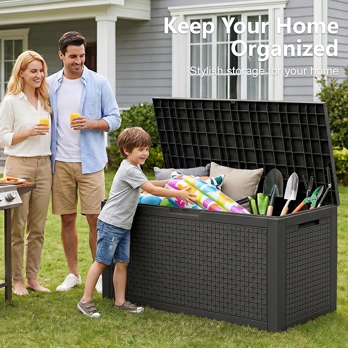 140 Gallon Outdoor Storage Box, Large Resin Deck Box, Waterproof Lockable Storage Container, Storage Bins with Lids for Patio furniture, Garden Tools, Black