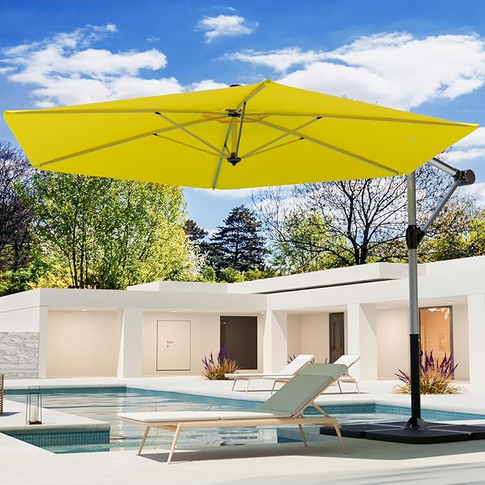 COSIEST Offset Patio Umbrella, Cantilever Hanging Outdoor Umbrella w/360-degree Rotation, Handy Crank, UV/Waterproof Canopy, 6 Ribs for Market, Backyard, Poolside, Garden