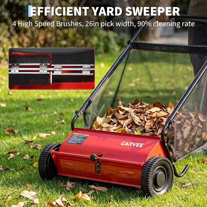 Push Lawn Sweeper 26Inch-Heavy Duty Walk Behind Leaf Collector and Yard Sweeper for Outdoor,Patio,Driveway,Garden Grass Sweepers,4 High Speed Spinning Brush,7 Cu. ft. Hopper Capacity