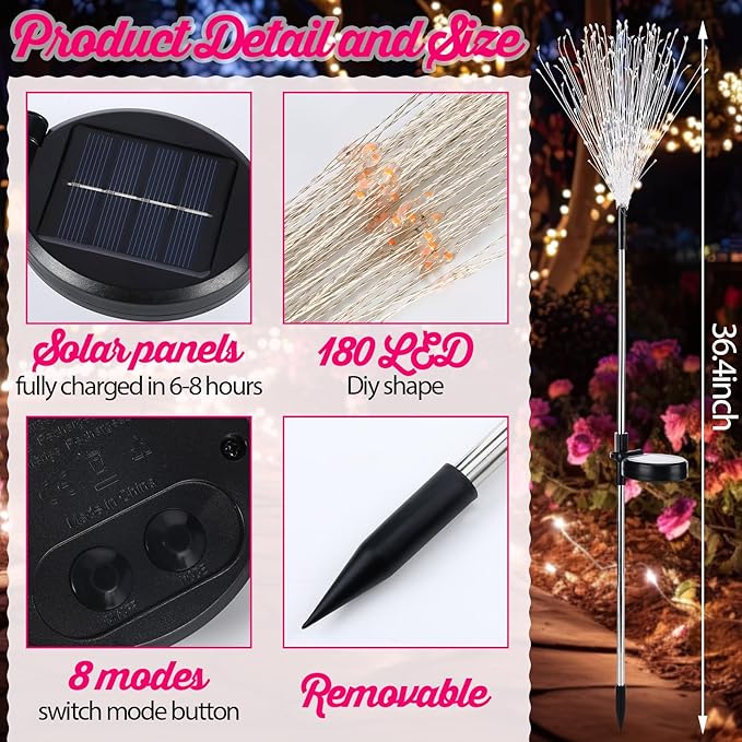Tujoe 4 Pack Valentines Day Solar Firework Lights 180 LED 8 Lighting Modes Waterproof Solar Lamps Decorative Garden Stake Lights for Valentines Wedding Party Pathway Patio Decor