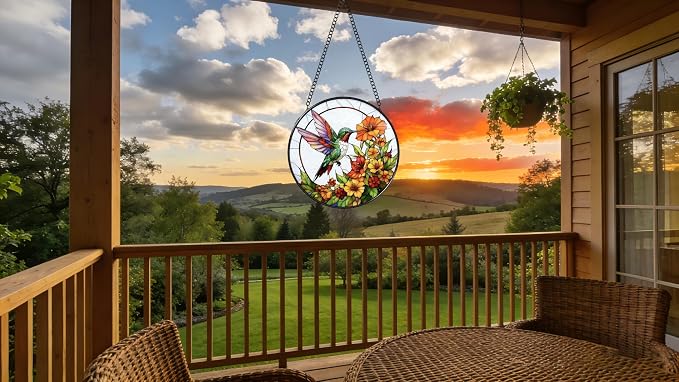 Stained Glass Window Hanging - Hummingbirds are Collecting Nectar 6.3 Inches Suncatcher for Garden Home Decor for Women Mon Grandma Friends