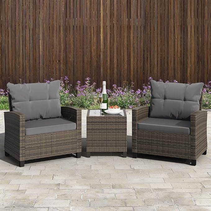Shintenchi 3 Pieces Patio Furniture Set 3 Pieces PE Rattan Wicker Chairs with Table Outdoor Furniture for Backyard/Garden/Poolside/Outdoor Restaurant Gary Rattan with Gary Cushion