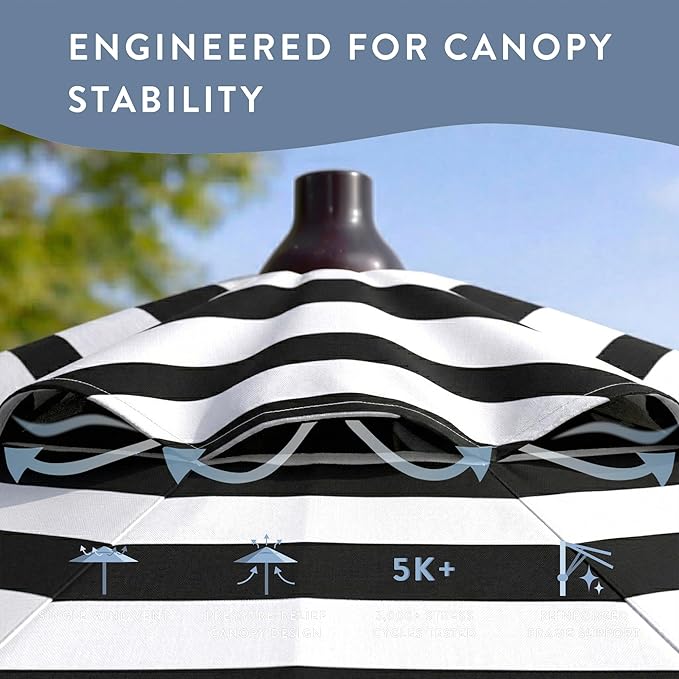 California Umbrella 12-Year Protection 9-Ft Outdoor Patio Umbrella, Sunbrella Fade-Resistant Fabric, Auto-Tilt, Heavy Duty Aluminum Frame, 8 Reinforced Ribs for Pool or Deck, Bronze Pole, Cabana Classic