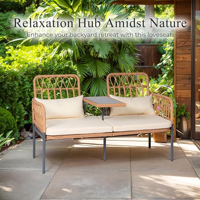 PROHIKER Patio Furniture Outdoor Rattan Loveseat 2-Seat with Built-in Table, Lumbar Pillows and Cushions, All-Weather Wicker Loveseat Porch Chairs for Balcony, Lawn, Backyard