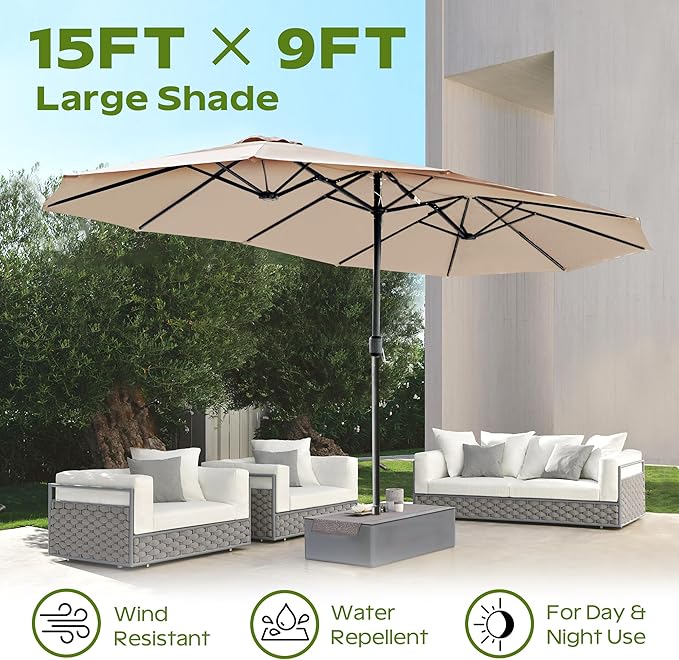 15ft Umbrella Outdoor Patio - Double-Sided Large Market Rectangle Umbrellas with Crank Handle for Patio Garden Yard Pool (No Base)