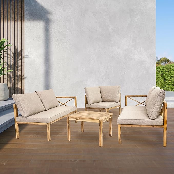 Sunnydaze 4-Piece Acacia Wood Patio Furniture Set - Edisto Outdoor Conversation Set - Wood Outdoor Furniture - Light Brown