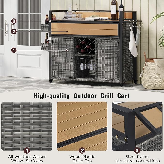 Outdoor Bar Table on Wheels with Extended Table Top and Storage Cabinet ﻿
